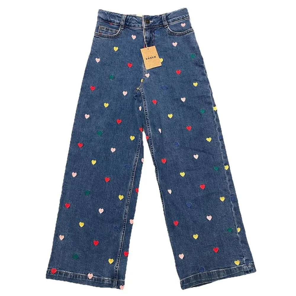 NWT Mini Boden Girls Wide Leg Jeans Size 10-11 Y Adjustable Waist Hearts Girly - Picture 2 of 7